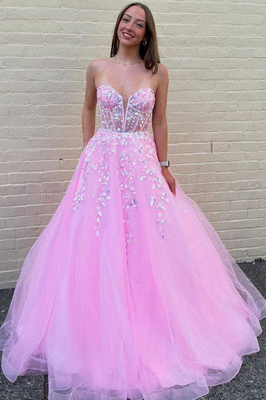 A-Line Strapless Sleeveless Pleated Sequins Appliques Pink Tulle Prom Dress WU1607