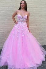 A-Line Strapless Sleeveless Pleated Sequins Appliques Pink Tulle Prom Dress WU1607