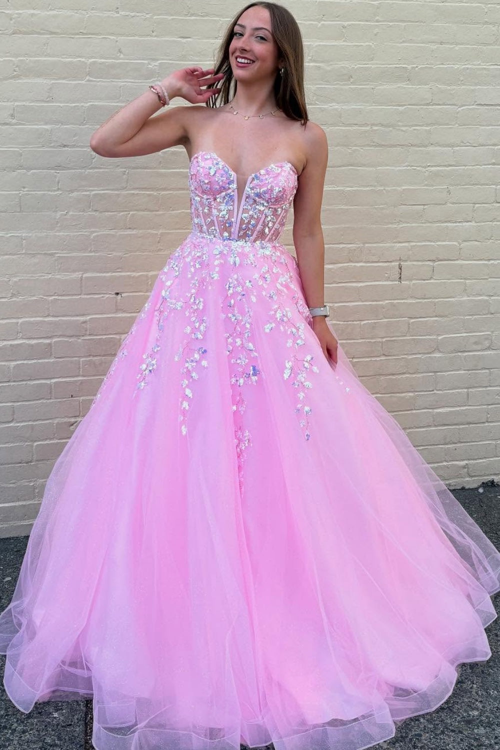 A-Line Strapless Sleeveless Pleated Sequins Appliques Pink Tulle Prom Dress WU1607