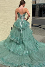 A-Line Strapless Sleeveless Pleated Appliques Tiered Green Prom Dress WU1608