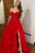 A-Line Off Shoulder Appliques Tiered High Side Slit and Train Red Prom Dress WU1609