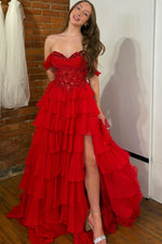 A-Line Off Shoulder Appliques Tiered High Side Slit and Train Red Prom Dress WU1609