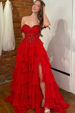 A-Line Off Shoulder Appliques Tiered High Side Slit and Train Red Prom Dress WU1609