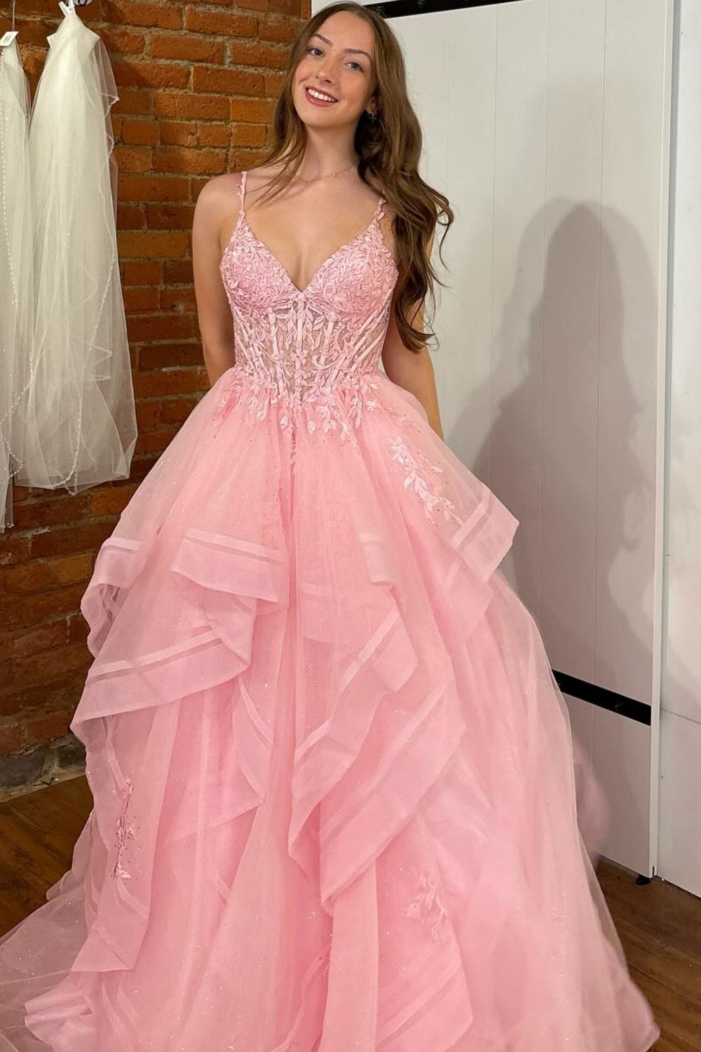 A-Line V Neck Spaghetti Straps Sleeveless Pleated Ruffles Appliques Prom Dress WU1610