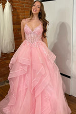 A-Line V Neck Spaghetti Straps Sleeveless Pleated Ruffles Appliques Prom Dress WU1610