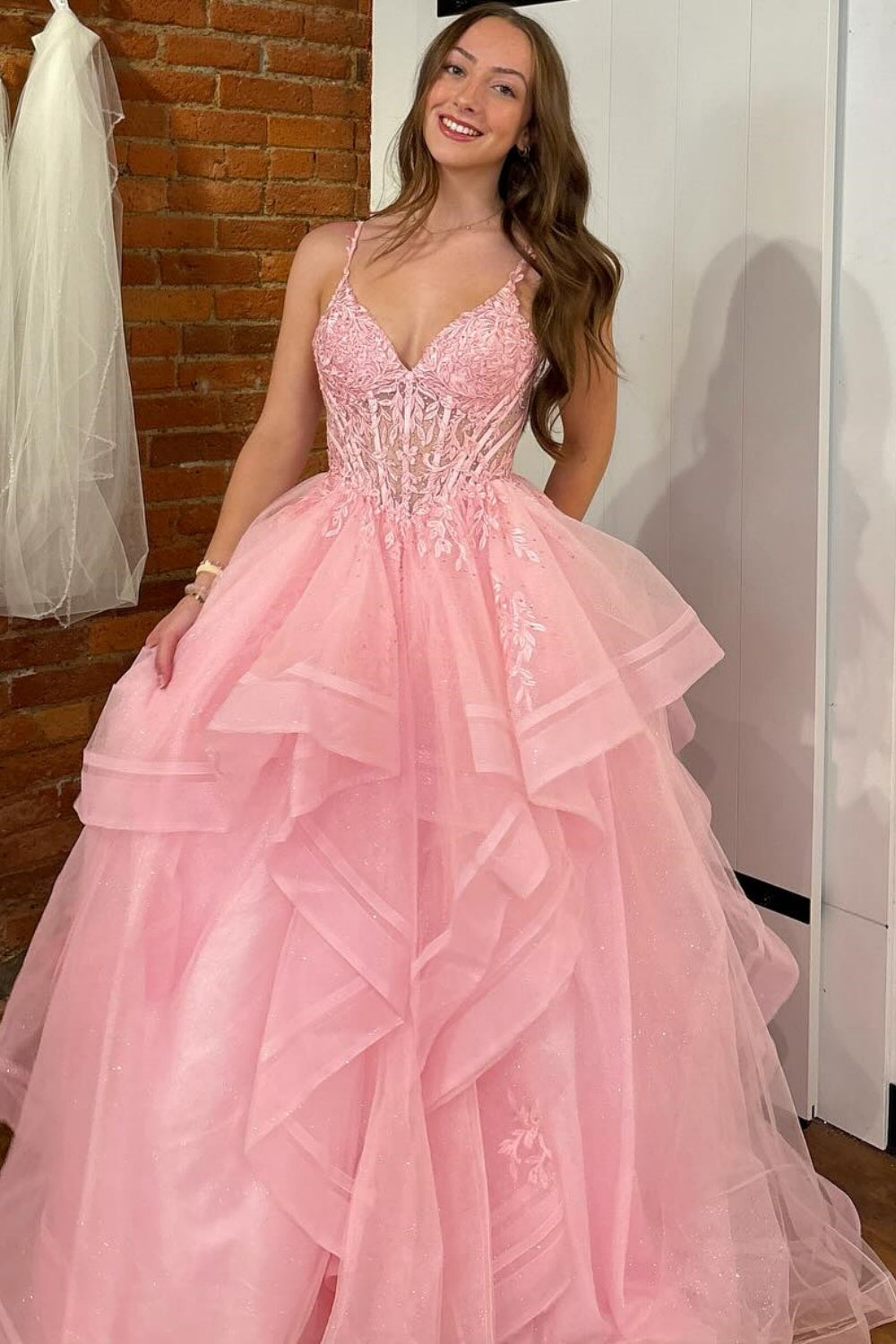 A-Line V Neck Spaghetti Straps Sleeveless Pleated Ruffles Appliques Prom Dress WU1610