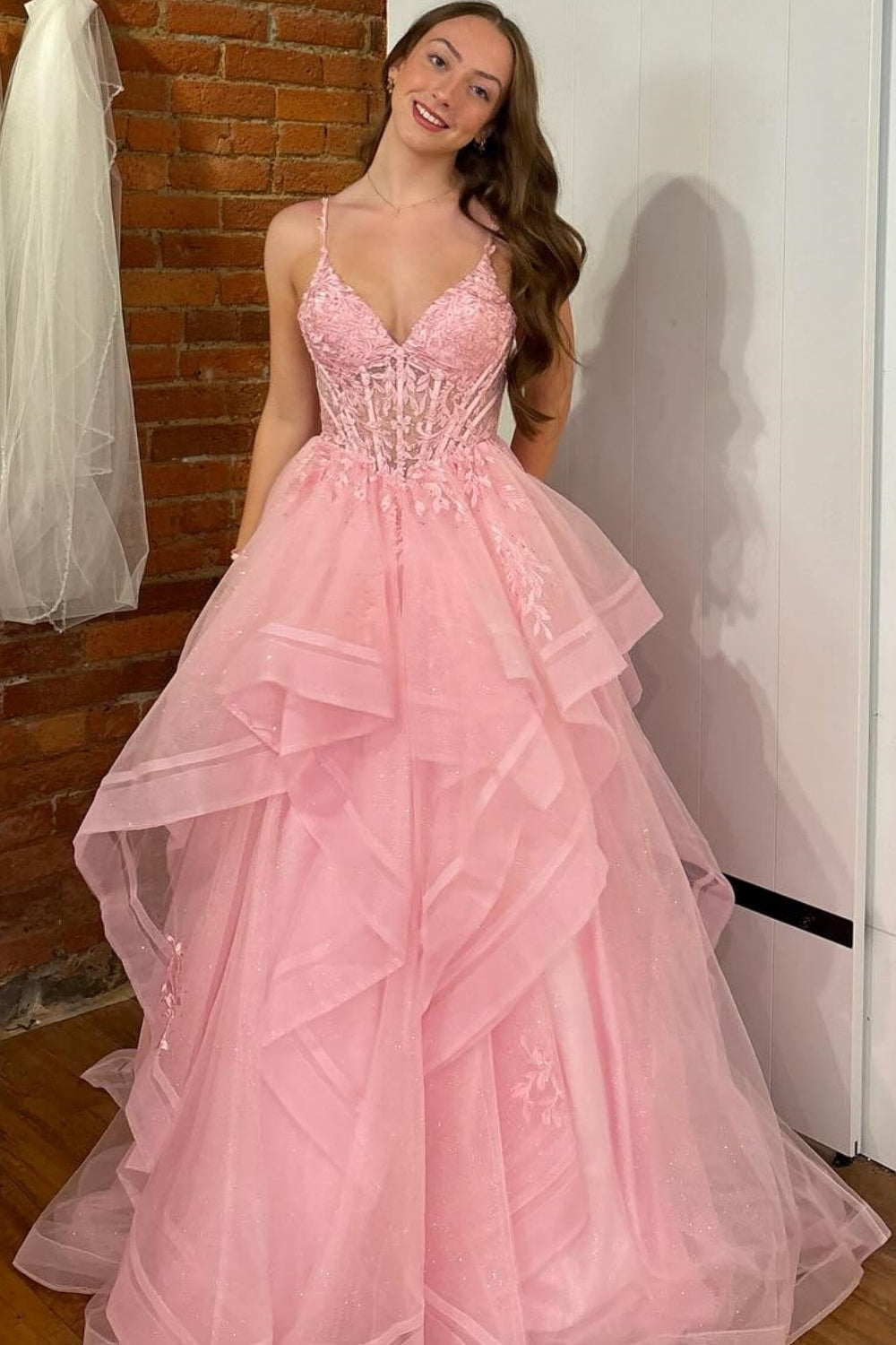 A-Line V Neck Spaghetti Straps Sleeveless Pleated Ruffles Appliques Prom Dress WU1610