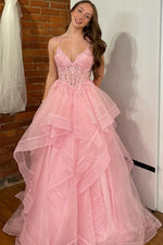 A-Line V Neck Spaghetti Straps Sleeveless Pleated Ruffles Appliques Prom Dress WU1610