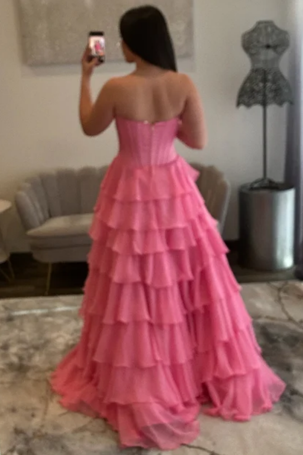 A-Line Strapless Appliques Ruffles Tiered High Side Slit and Train Prom Dress