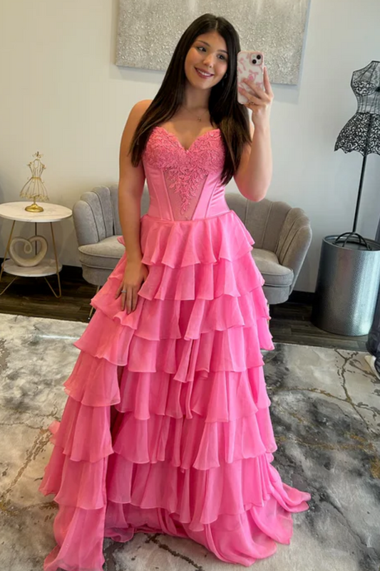 A-Line Strapless Appliques Ruffles Tiered High Side Slit and Train Prom Dress WU1626