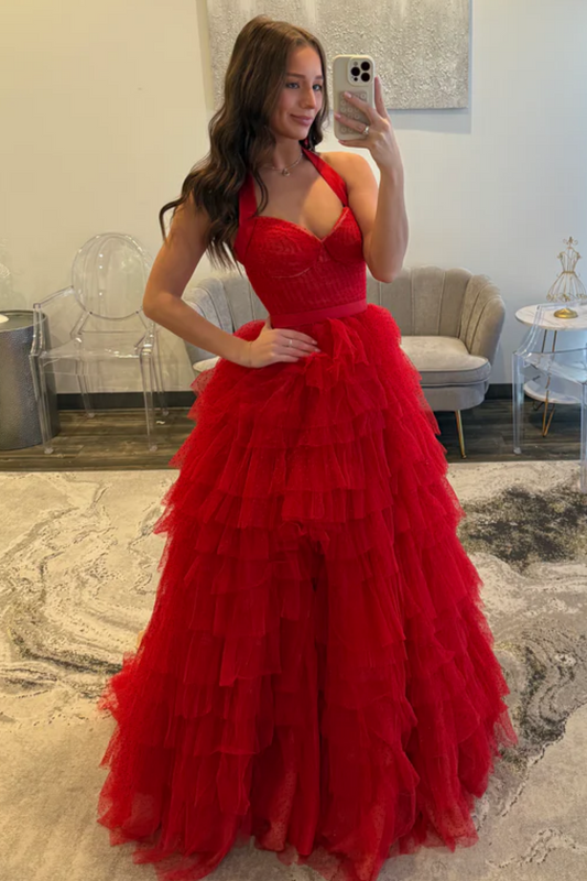 A-Line Halter Strapless Ruffles Tiered High Side Slit and Train Prom Dress WU1627