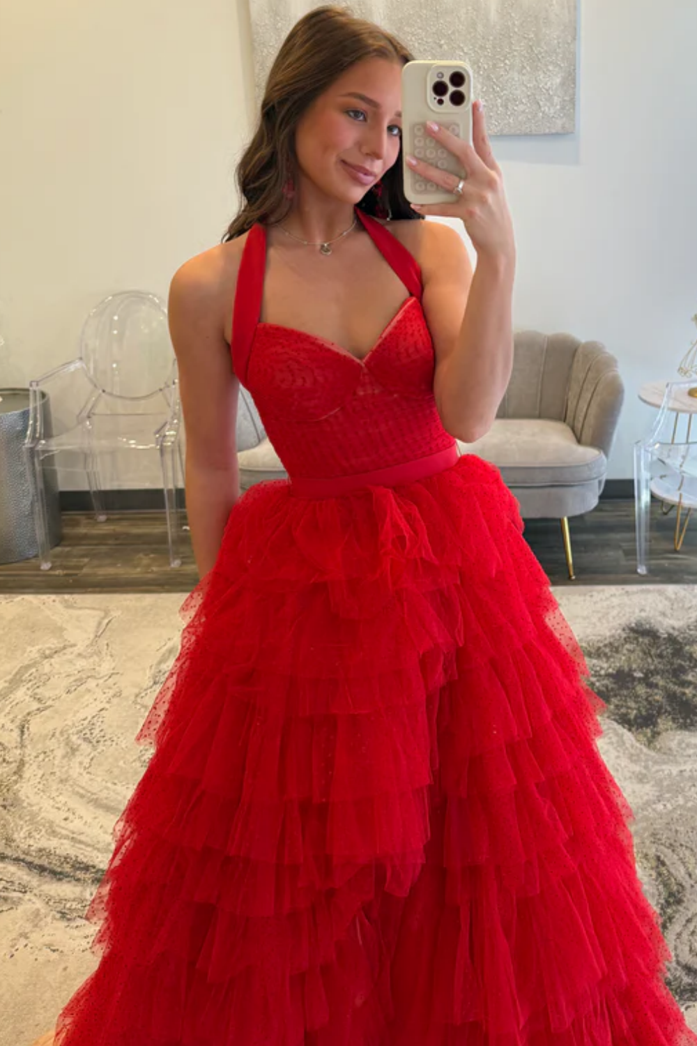 A-Line Halter Strapless Ruffles Tiered High Side Slit and Train Prom Dress WU1627