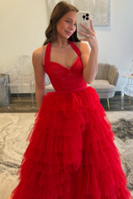 A-Line Halter Strapless Ruffles Tiered High Side Slit and Train Prom Dress WU1627