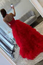 A-Line Halter Strapless Ruffles Tiered High Side Slit and Train Prom Dress WU1627