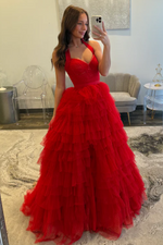 A-Line Halter Strapless Ruffles Tiered High Side Slit and Train Prom Dress WU1627