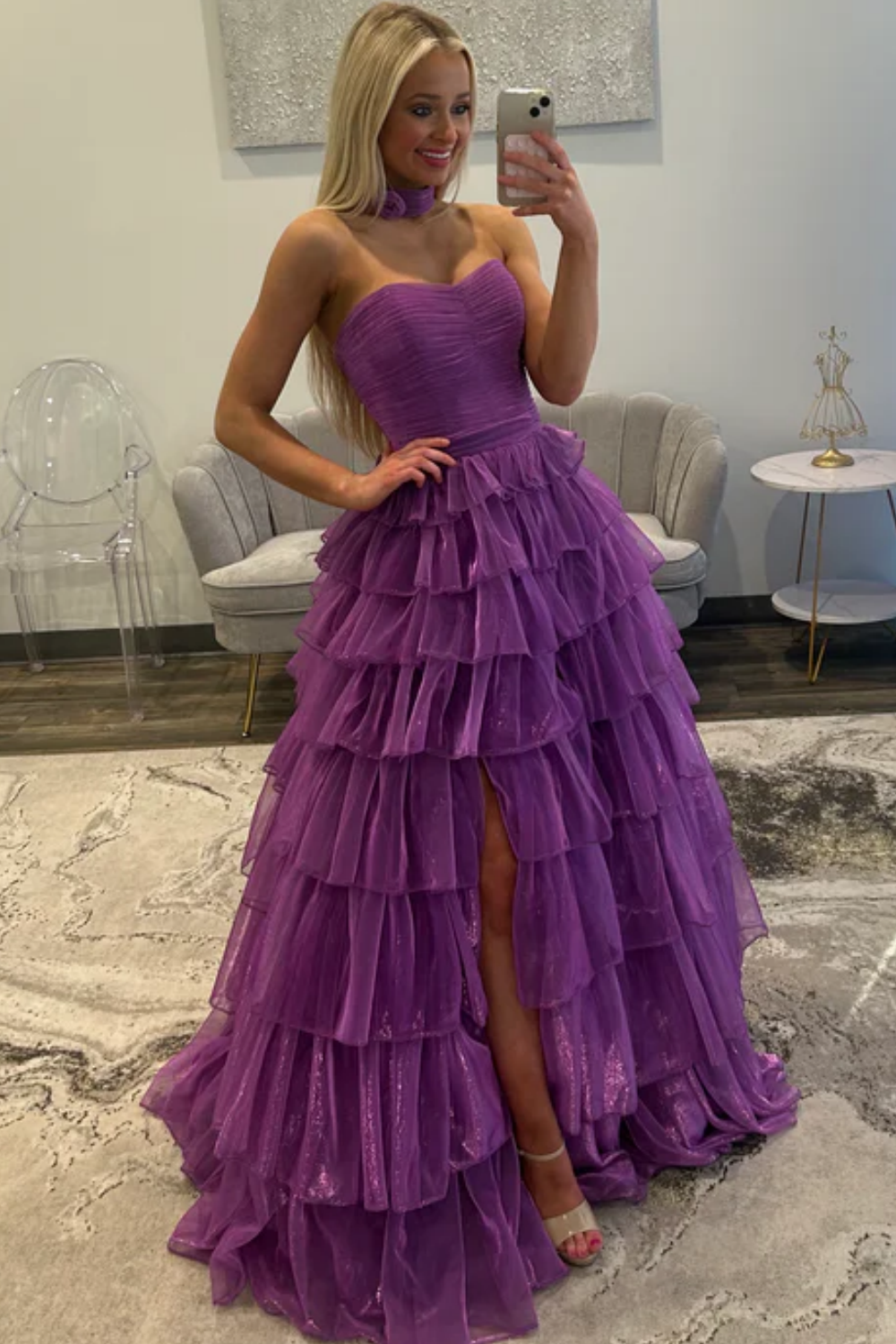 A-Line Strapless Ruffles Tiered High Side Slit and Train Prom Dress WU1629