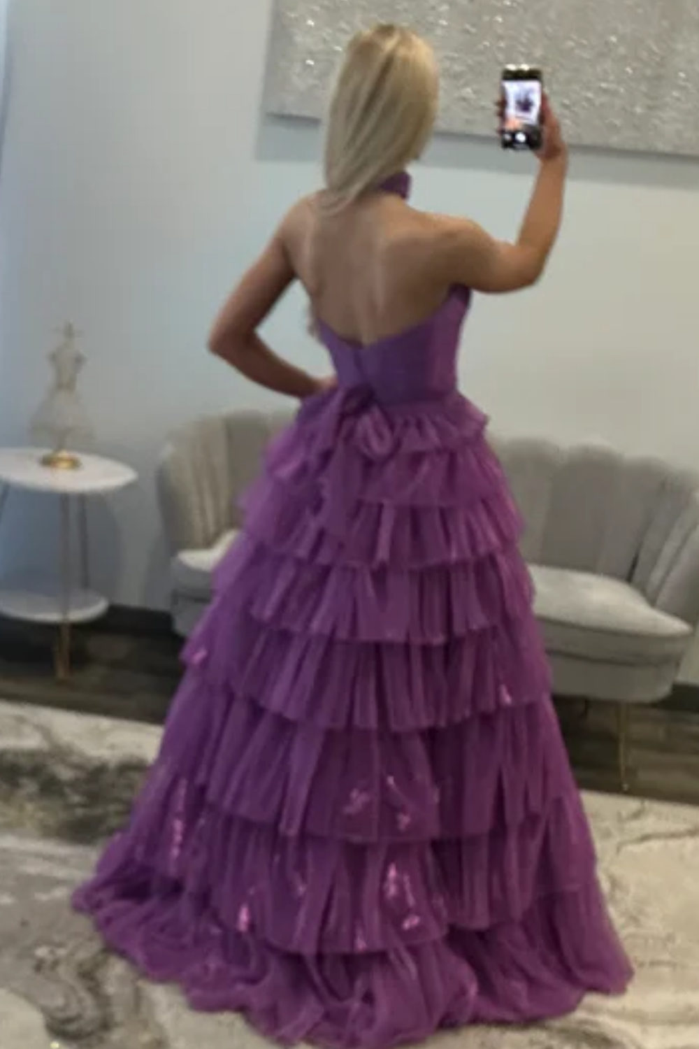 A-Line Strapless Ruffles Tiered High Side Slit and Train Prom Dress WU1629