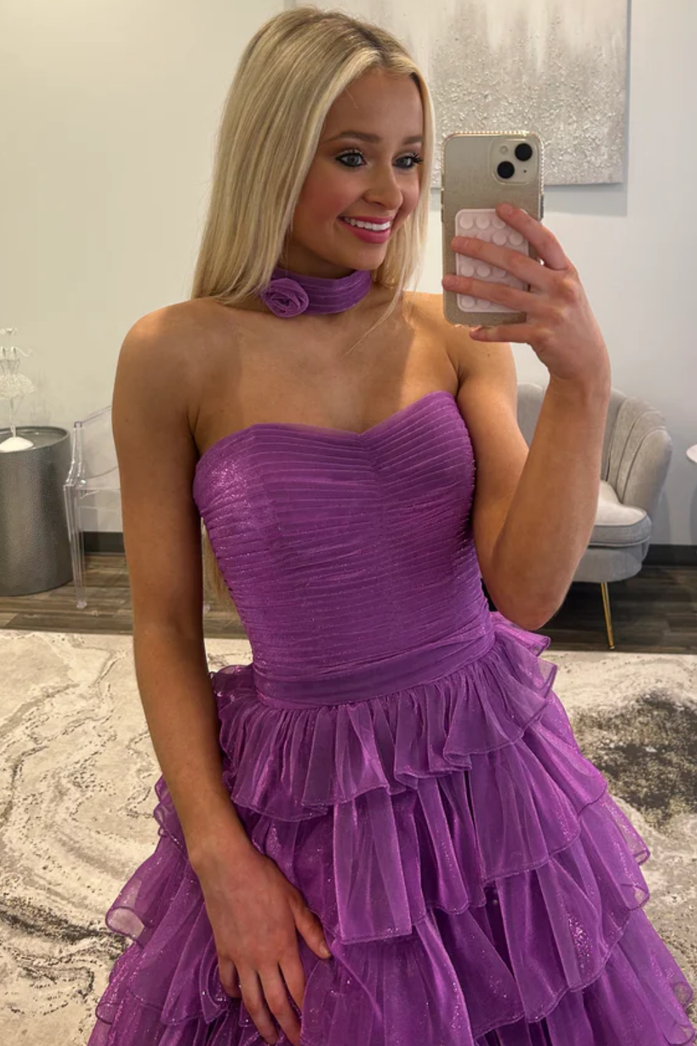 A-Line Strapless Ruffles Tiered High Side Slit and Train Prom Dress WU1629