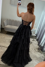 A-Line Strapless Ruffles Tiered High Side Slit and Train Prom Dress WU1630