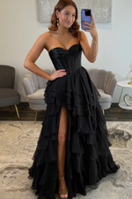 A-Line Strapless Ruffles Tiered High Side Slit and Train Prom Dress WU1630