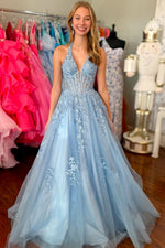 A-Line Low V Neck Halter Sleeveless Pleated Appliques Blue Tulle Prom Dress