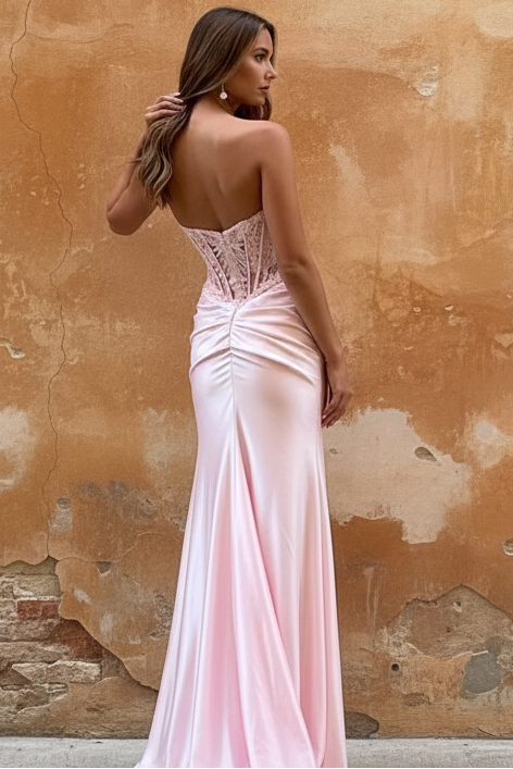 Sheath Strapless Sleeveless Pleated Appliques High Side Slit and Train Prom Dress