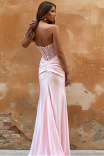 Sheath Strapless Sleeveless Pleated Appliques High Side Slit and Train Prom Dress