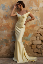 Mermaid Off Shoulder Sleeveless Open Back Pleated Satin Prom Dress