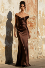Mermaid Off Shoulder Sleeveless Open Back Pleated Satin Prom Dress