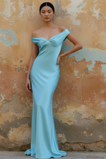 Mermaid Off Shoulder Sleeveless Open Back Pleated Satin Prom Dress