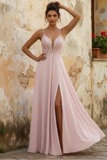 A-Line V Neck Spaghetti Straps Appliques High Side Slit and Train Pink Prom Dress