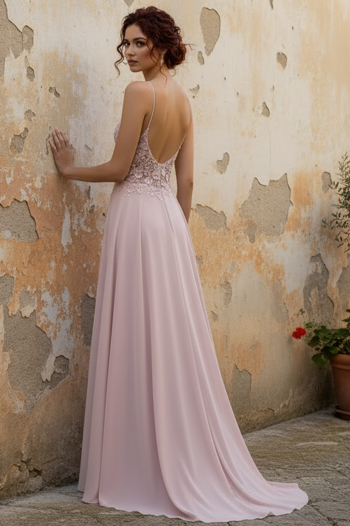 A-Line V Neck Spaghetti Straps Appliques High Side Slit and Train Pink Prom Dress