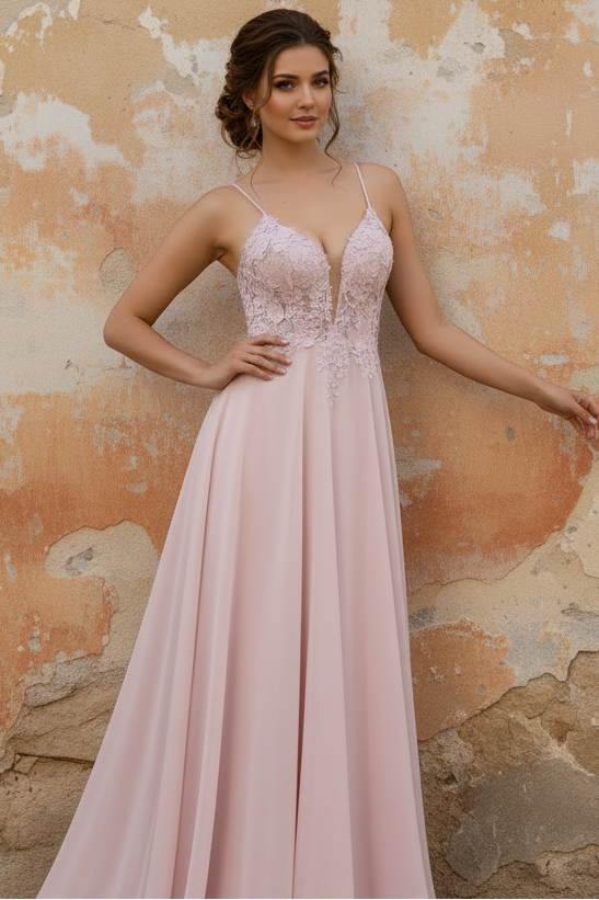 A-Line V Neck Spaghetti Straps Appliques High Side Slit and Train Pink Prom Dress
