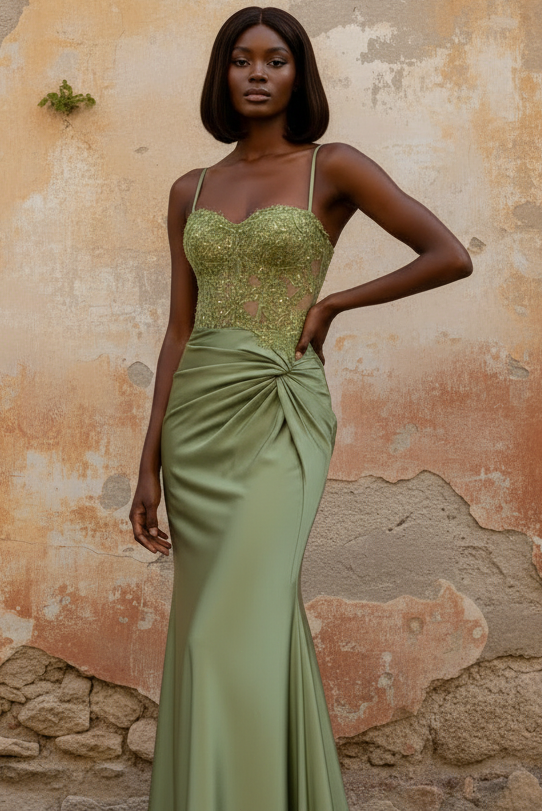 Sheath Strapless Spaghetti Straps Ruched Appliques High Side Slit and Train Prom Dress