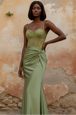 Sheath Strapless Spaghetti Straps Ruched Appliques High Side Slit and Train Prom Dress