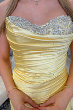 Strapless Sleeveless Pleated Beaded High Side Slit and Train Prom Dress WU1674