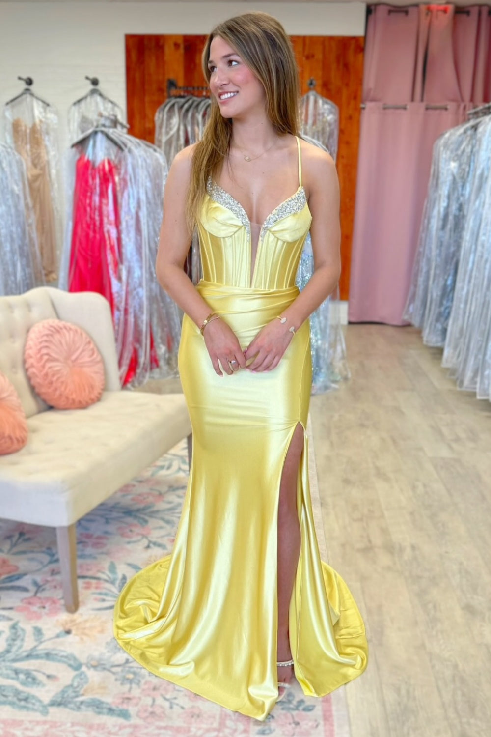 V Neck Spaghetti Straps Beaded High Side Slit and Train Prom Dress