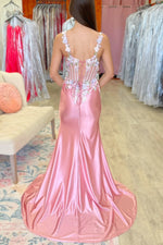 Square Neck Straps 3D Flower Appliques Beaded High Side Slit and Train Prom Dress