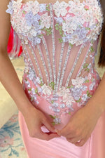 Square Neck Straps 3D Flower Appliques Beaded High Side Slit and Train Prom Dress