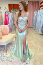 Square Neck Straps 3D Flower Appliques Beaded High Side Slit and Train Prom Dress