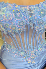 Boat Neck Sequins Beaded Appliques High Side Slit and Train Prom Dress