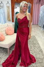 Sheath V Neck Beaded Appliques High Side Slit and Train Prom Dress