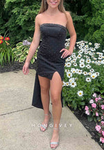 Strapless V-Neck Side Slit Sheath Homecoming Dresses with Back Bowknot