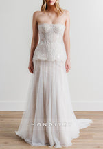 Strapless Lace Court Train Bridal Gowns A-Line Wedding Dresses with Beading