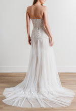 Strapless Lace Court Train Bridal Gowns A-Line Wedding Dresses with Beading