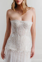 Strapless Lace Court Train Bridal Gowns A-Line Wedding Dresses with Beading