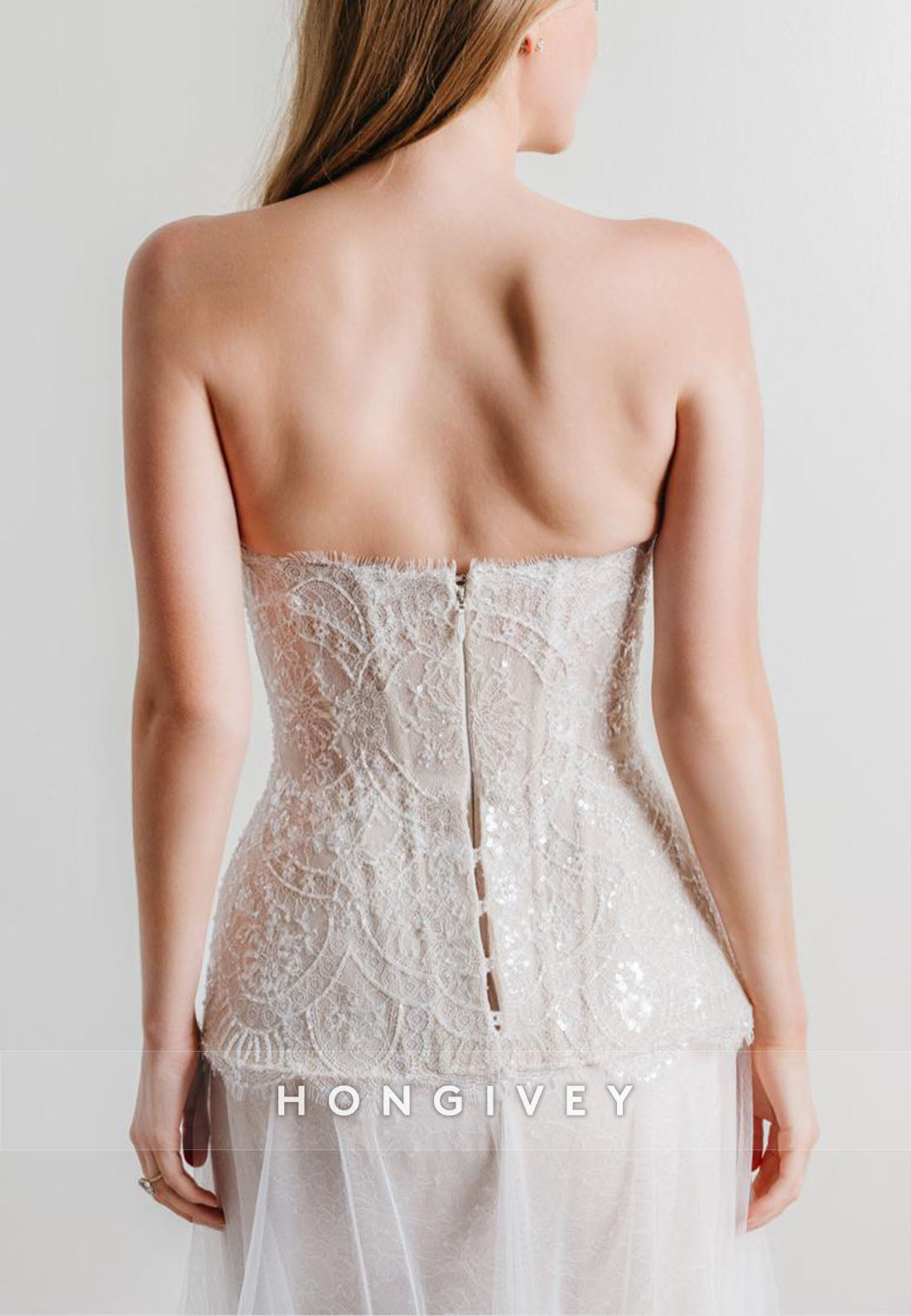 Strapless Lace Court Train Bridal Gowns A-Line Wedding Dresses with Beading