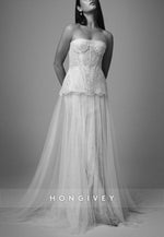 Strapless Lace Court Train Bridal Gowns A-Line Wedding Dresses with Beading