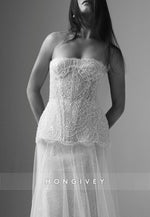 Strapless Lace Court Train Bridal Gowns A-Line Wedding Dresses with Beading