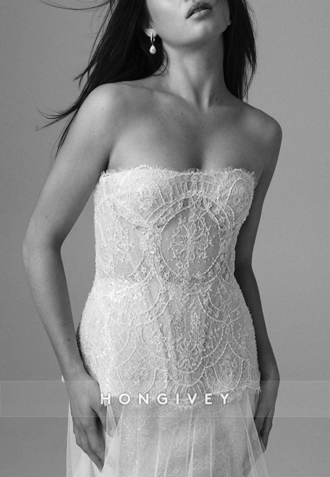 Strapless Lace Court Train Bridal Gowns A-Line Wedding Dresses with Beading